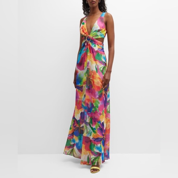 Liv Foster Abstract Floral Print Tie Dye Boho Deep V-Neck Cutout Gown 0, XS/S - Picture 10 of 10